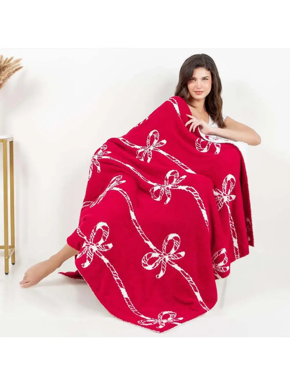 Christmas Candy Cane Bow Throw Blanket Super Soft Plush 50x60 Red